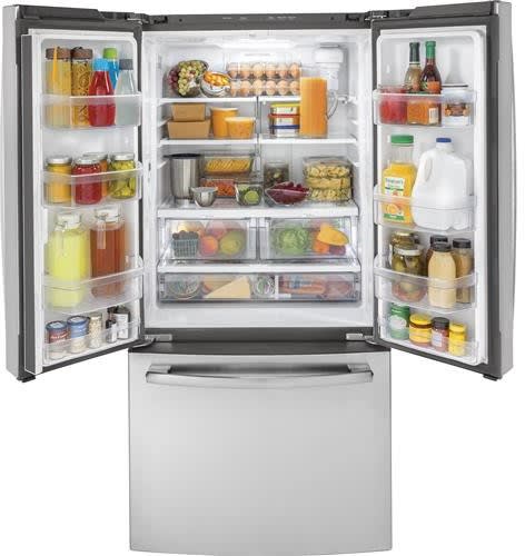 GE GWE19JSLSS 33 Inch Counter Depth French Door Refrigerator with 18.6 cu. ft. Capacity Spill Proof Shelves Humidity Controlled Drawers Quick Space