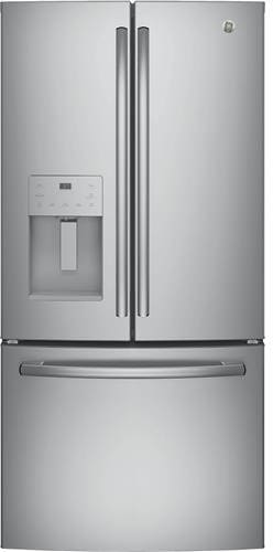 GE GYE18JSLSS 33 Inch Counter Depth French Door Refrigerator with 17.5 cu. ft. Capacity, Quick Space Shelf, External Temperature Controls, Enhanced Shabbos Mode Capable, Water/Ice Dispenser, Advanced Filtration, ADA Compliant, and ENERGY STAR®: Stainless Steel