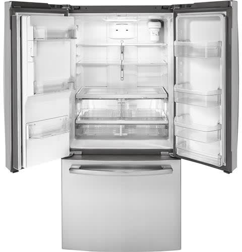 GE GYE18JSLSS 33 Inch Counter Depth French Door Refrigerator with 17.5 cu. ft. Capacity, Quick Space Shelf, External Temperature Controls, Enhanced Shabbos Mode Capable, Water/Ice Dispenser, Advanced Filtration, ADA Compliant, and ENERGY STAR®: Stainless Steel