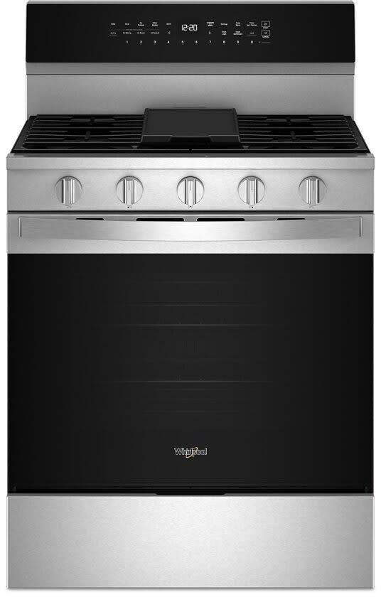 Whirlpool WFGS7530RZ 30 Inch Freestanding Gas Smart Range with 5 Sealed Burners 5.3 cu. ft. Convection Oven SpeedHeat Burner Griddle Zone Storage Drawer Air Cooking Air Fry and Self Steam Clean Stainl...