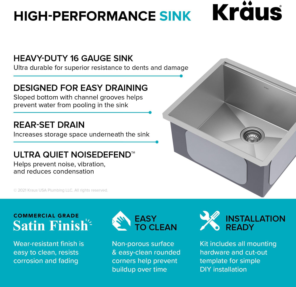 Kraus KWU11121 21 Inch Kore™ Undermount Workstation Single Bowl Kitchen Sink  with 4-Piece Sink Kit, TRU16 Gauge Stainless Steel, Off-Set Drain,  Rust-Resistant Finish, and NoiseDefend™ Technology