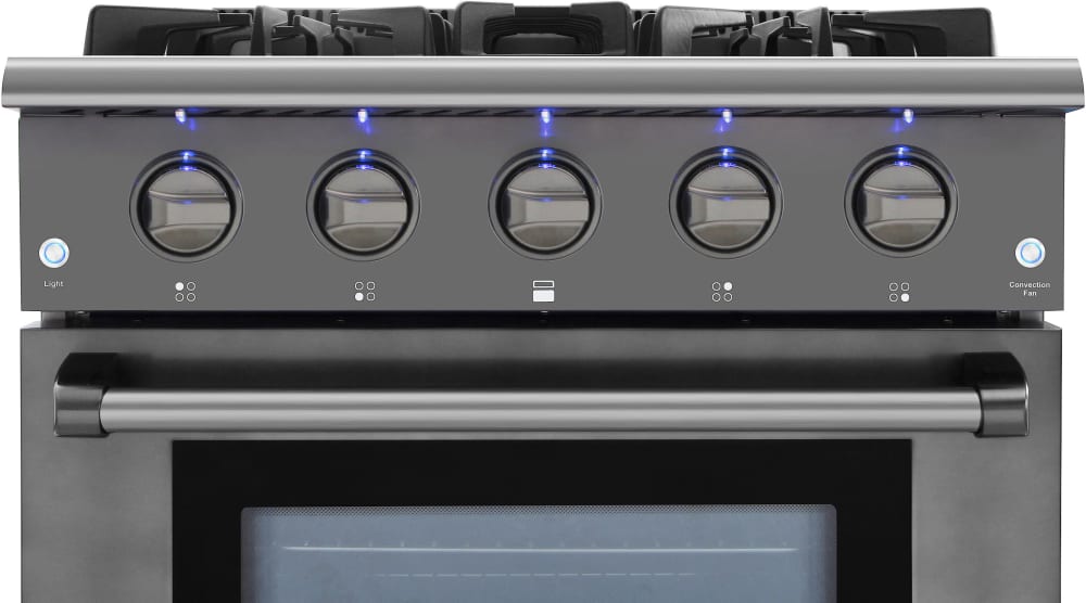 thor kitchen hrg3080bs 30 inch pro style freestanding gas range with 4 2 cu ft capacity commercial convection fan automatic re ignition push button light control blue porcelain oven interior porcelain drip pan cast iron