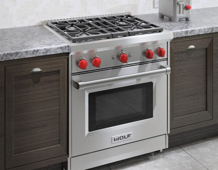 Wolf GR304 30 Inch Pro-Style Freestanding Gas Range with 4 Dual-Stacked  Sealed Burners, 4.4 cu. ft. Convection Oven, Continuous Grates, Infrared  Broiler, Red Control Knobs, Auto-Reignition, Island Trim, ENERGY STAR and  Star-K