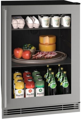 U-Line UHRE124SG01A 24 Inch Compact Refrigerator with 5.7 Cu. Ft. Capacity, 2 Tempered Glass Shelves, Slide-out Metal Shelf, Digital Touch Pad Control, LOW-E Argon Thermopane Glass Door, and Sabbath (Star K Certified): Stainless