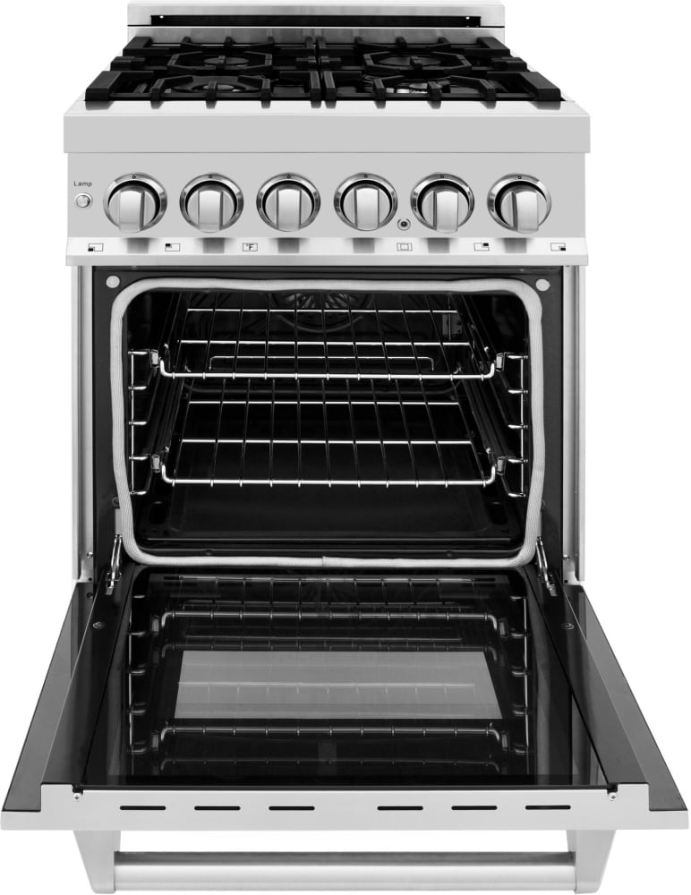ZLINE RA24 24 Inch Freestanding Dual Fuel Range with 4 Sealed Italian Burners, 2.8 Cu. Ft. Convection Oven Capacity, Porcelain Cooktop, Three-Layer Glass Oven, Stay-Put Hinges, Smooth Glide Rack, and ETL Listed: Stainless Steel