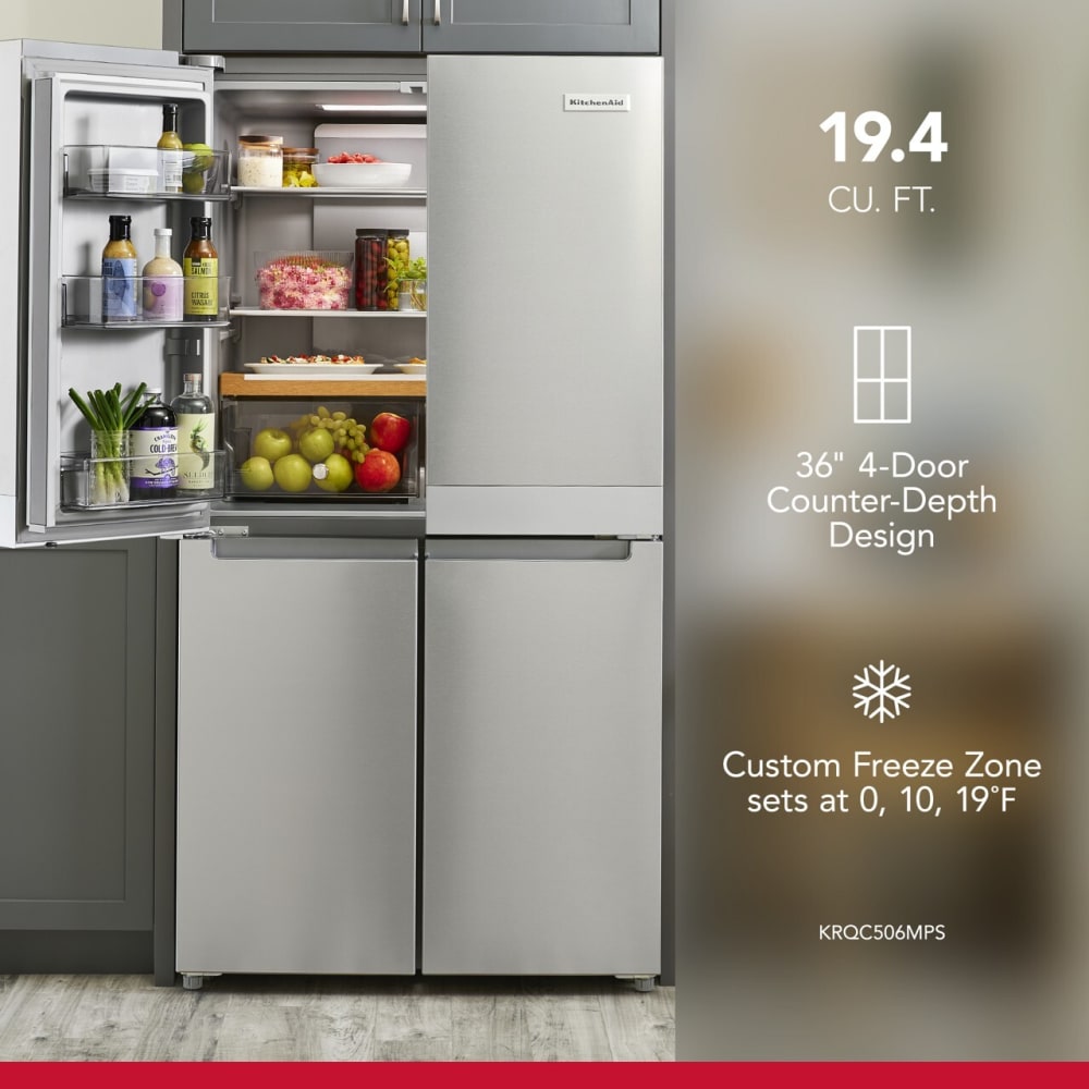 KitchenAid KRQC506MPS 36 Inch Counter Depth 4 Door French Door Refrigerator with 19.4 cu. ft. Capacity 2 Shelves Gallon Door Bins Storage Trays ExtendFresh Temp System Auto Ice Maker ADA Compliant and...