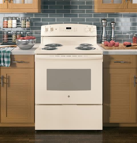Ge Jb256dmcc 30 Inch Freestanding Electric Range With 4 Coil Elements 5 0 Cu Ft Oven Capacity Storage Drawer Self Clean Oven Dual Element Bake Electronic Clock Timer Sensi Temp Technology And Sabbath Mode Bisque