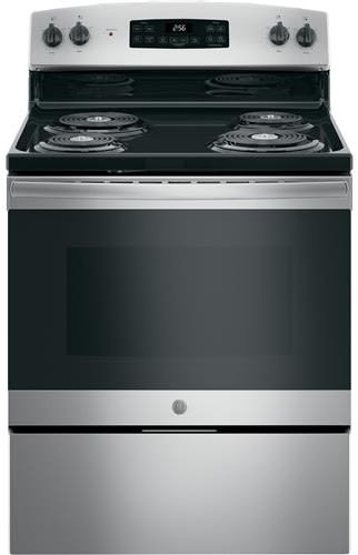 GE JB256RMSS 30 Inch Freestanding Electric Range with 4 Coil Elements, 5.0 cu. ft. Oven Capacity, Storage Drawer, Self-Clean Oven, Dual-Element Bake, Electronic Clock, Timer, Sensi-Temp Technology, and Sabbath Mode: Stainless Steel