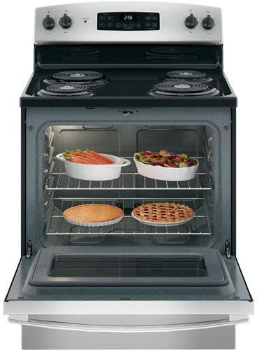 GE JB256RMSS 30 Inch Freestanding Electric Range with 4 Coil Elements, 5.0 cu. ft. Oven Capacity, Storage Drawer, Self-Clean Oven, Dual-Element Bake, Electronic Clock, Timer, Sensi-Temp Technology, and Sabbath Mode: Stainless Steel