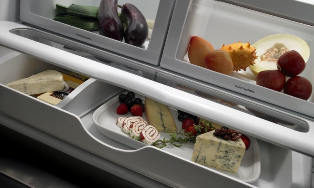 Jennair Jfc2290rep 36 Inch Counter Depth French Door Refrigerator With Trisensor Electronic Climate Control Glide Out Freezer Drawer With Smoothclose Drawer Track System Adjustable Humidity Controlled Crisper Drawers And Temperature Controlled
