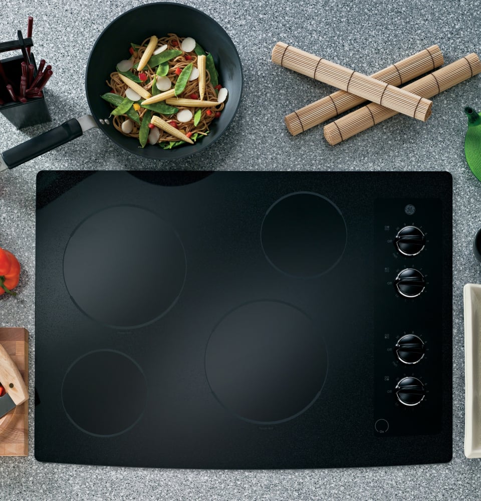 GE JP336DDBB 30 Inch Smoothtop Electric Cooktop with CeramicGlass Cooktop, 4 Ribbon Elements, 8