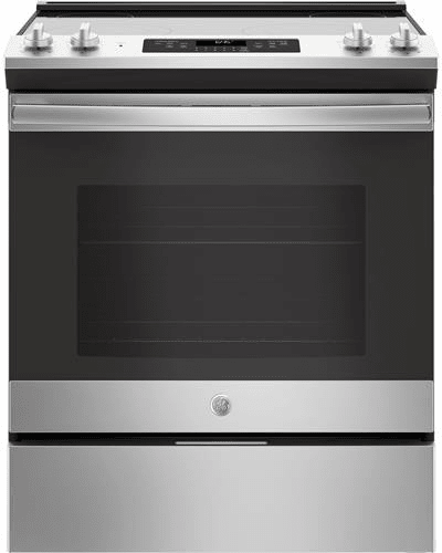 GE JS645SLSS 30 Inch Slide-In Electric Range with 4 Radiant Elements, 5.3 cu. ft. Capacity, Storage Drawer, Self-Clean, Power Boil, Dual-Element Bake, Finished Sides, UL, ADA Compliant and Star-K Certified: Stainless Steel