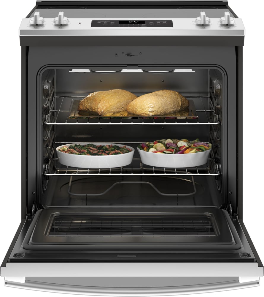 GE JS645SLSS 30 Inch Slide-In Electric Range with 4 Radiant Elements, 5.3 cu. ft. Capacity, Storage Drawer, Self-Clean, Power Boil, Dual-Element Bake, Finished Sides, UL, ADA Compliant and Star-K Certified: Stainless Steel