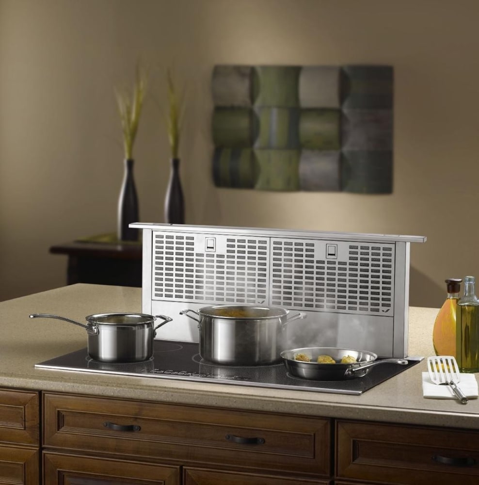 Jennair Jxd7030ys 30 Inch Downdraft Range Hood With 4 Speeds 600 Cfm Blower Push Button Dishwasher Safe Premium Mesh Filters 14 Inch Rise Reversible Motor Box Hidden Slide Controls Prop 65 Ul And Energy Star Qualified