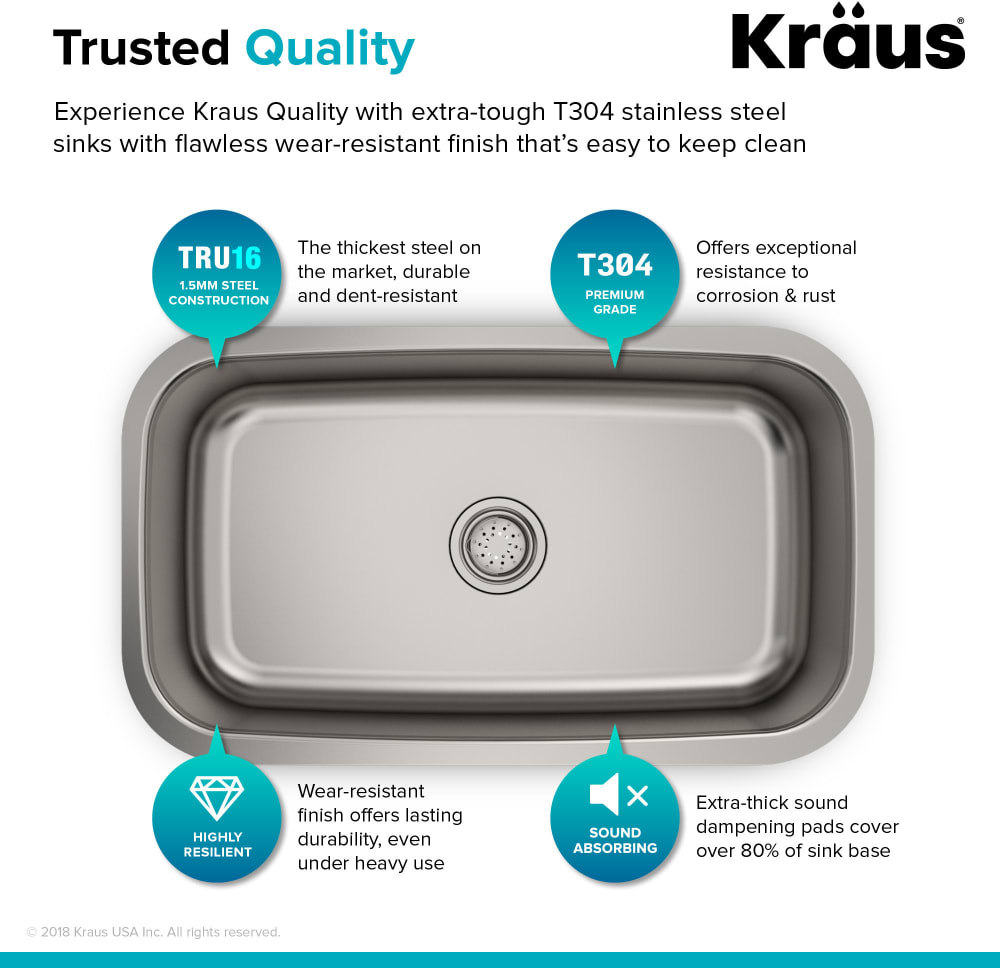 Kraus KBU14 31 Inch Undermount Single Bowl Stainless Steel Kitchen Sink