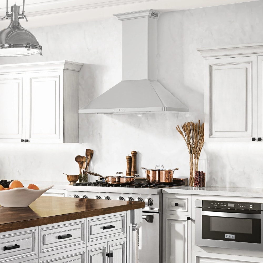 ZLINE KF1CRNBT36 Wall Mount Range Hood with 4 Speed 400 CFM Motor Push Button Control LED Lights Stainless Steel Baffle Filters Delay Shutoff and Built in CrownSound Bluetooth Speakers 36 Inch