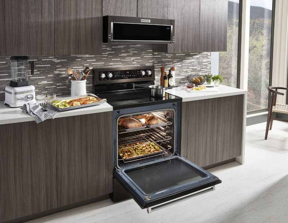 KitchenAid KFEG500EBS 30 Inch Freestanding Electric Range with 5 Elements 6.4 cu. ft. Even Heat True Convection Oven 2 Dual Elements Warm Zone Storage Drawer and AquaLift Self Clean Black Stainless St...