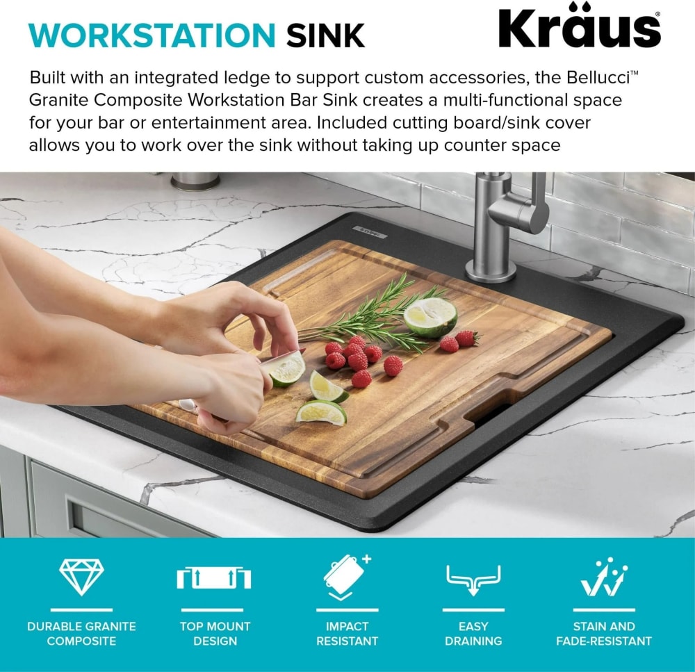 Kraus KGTW1218MBL 18 Inch Workstation Drop-In Top Mount Single
