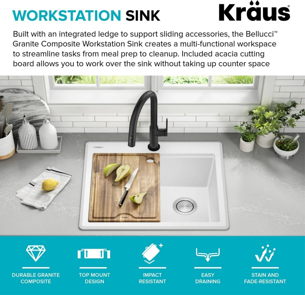 Kraus KGTW1225WH 25 Inch Workstation Drop-In Top Mount