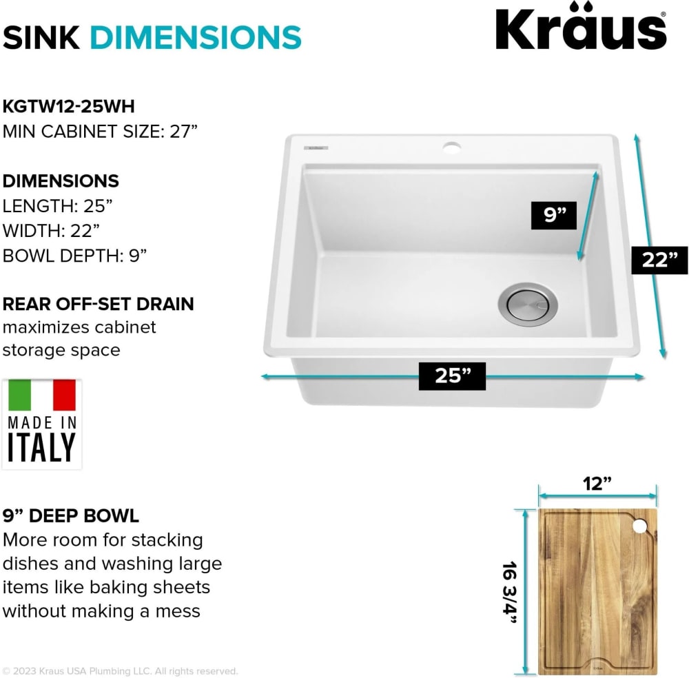 Kraus KGTW1225WH 25 Inch Workstation Drop-In Top Mount