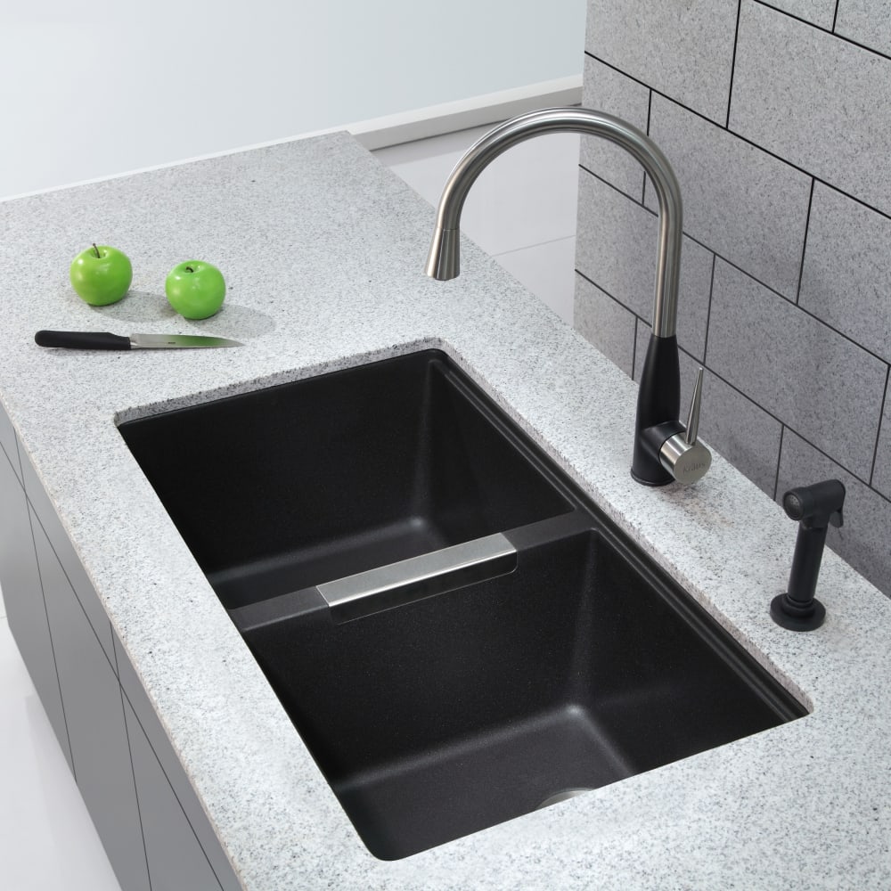 Kraus KGU434B 33 Inch Undermount 50/50 Double Bowl Granite Kitchen Sink