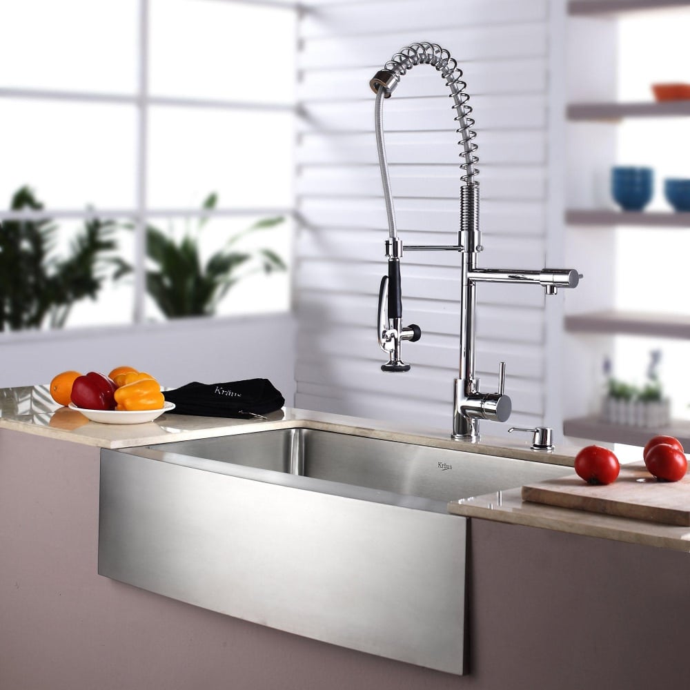 Kraus KHF20033KPF1602KSD30CH 33 Inch Farmhouse Single Bowl Stainless Steel  Sink with Spiral Spring Faucet, Soap Dispenser, 10 Inch Bowl Depth, Rear-Set  Drain and Scratch Resistant Satin Finish Sink