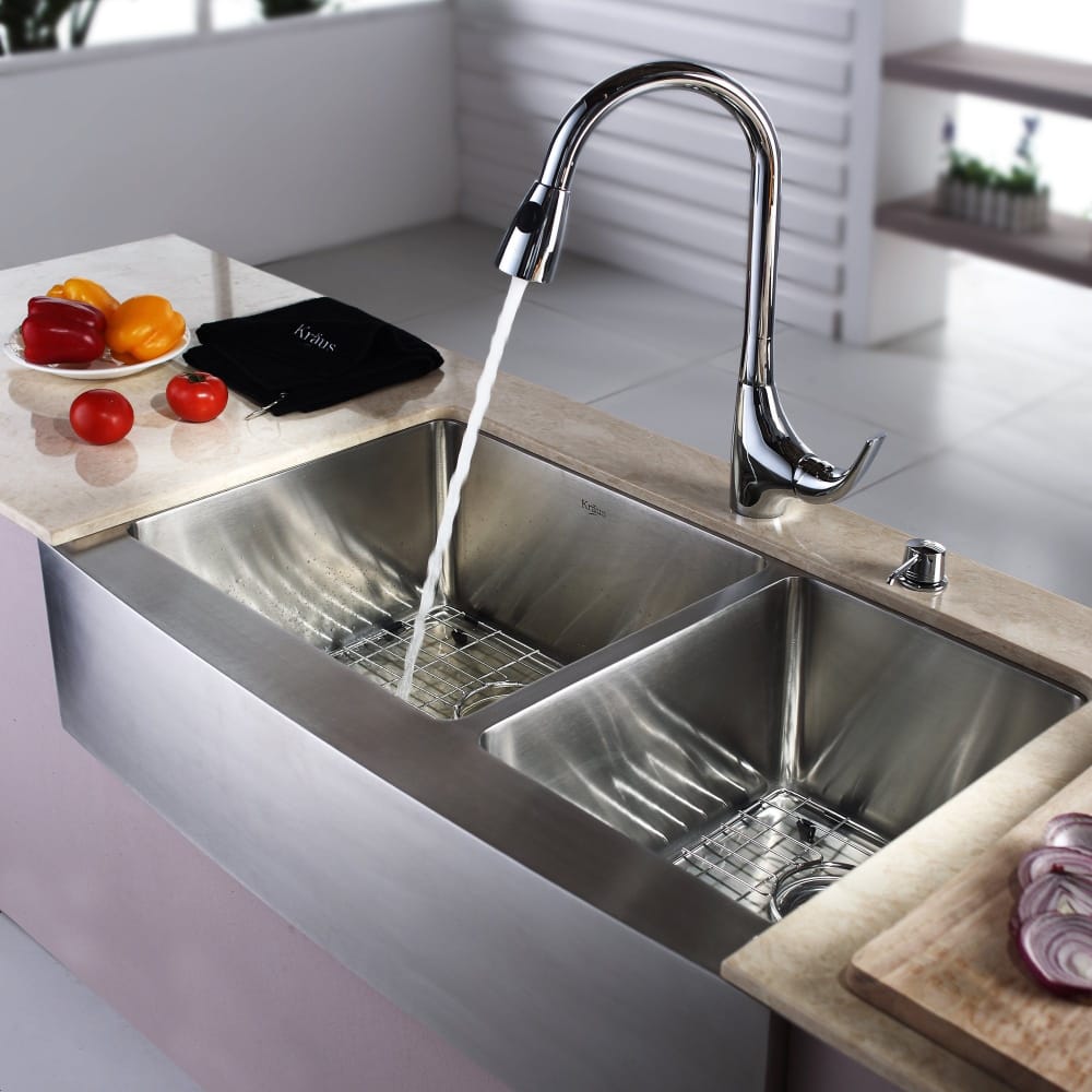 Kraus KHF20333KPF1621KSD30CH 33 Inch Farmhouse Double Bowl