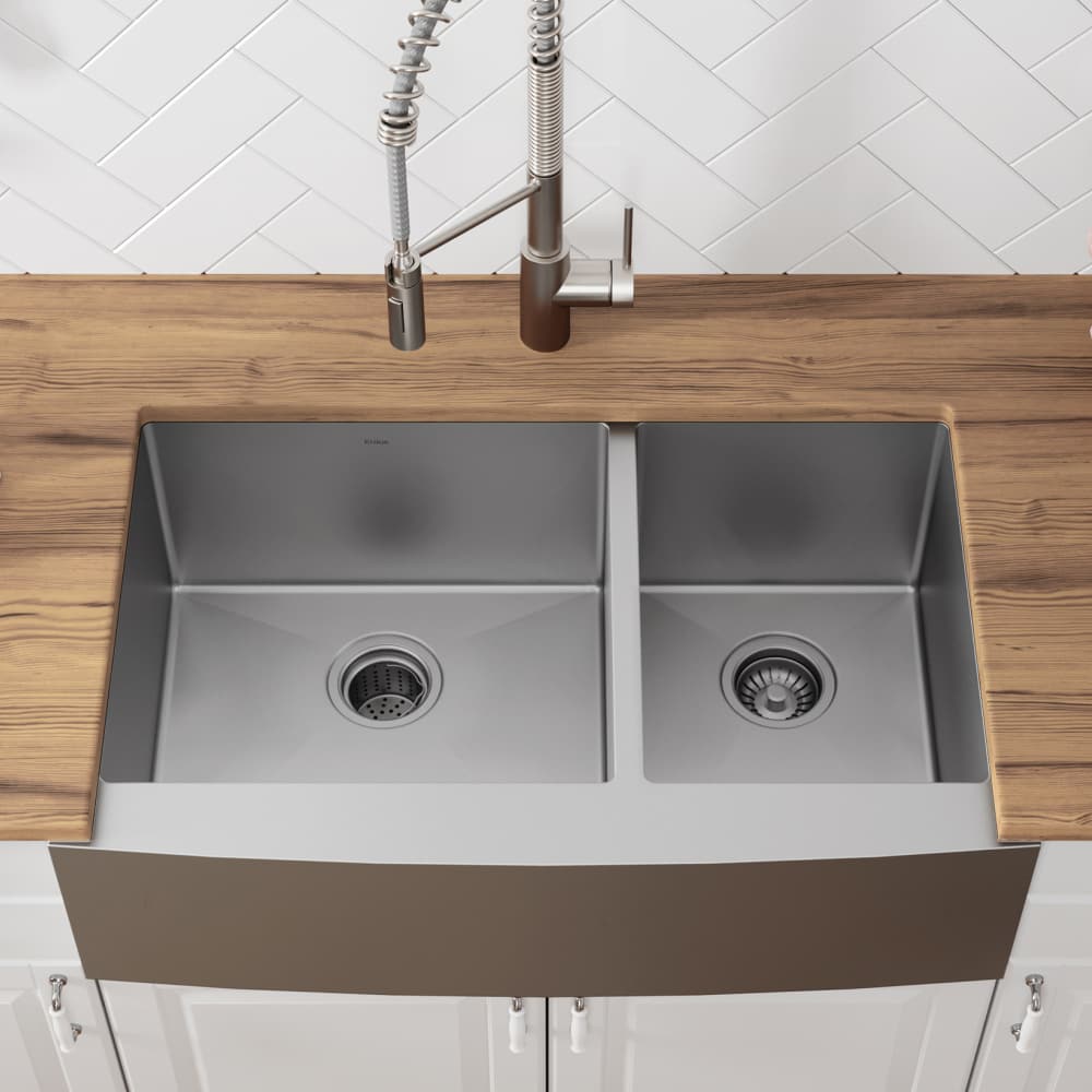Kraus KHF20333 33 Inch Farmhouse 60/40 Double Bowl Kitchen Sink with 16 Gauge Stainless Steel 
