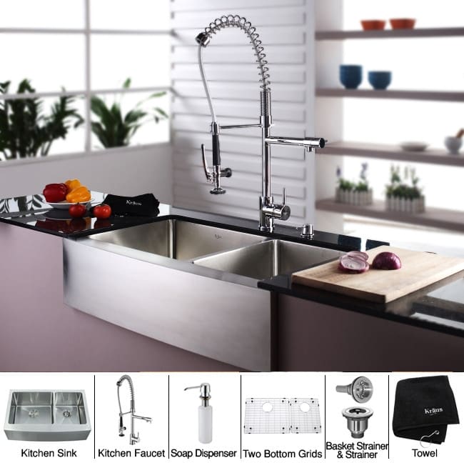 KRAUS 36 Inch Farmhouse Single Bowl Stainless Steel Kitchen Sink with  Kitchen Faucet and Soap Dispenser in Stainless Steel - Bed Bath & Beyond -  4389932