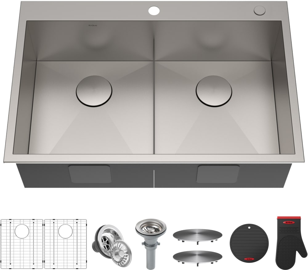 Kraus KP1TD33S2 33 Inch Drop-In Stainless Steel Double Bowl