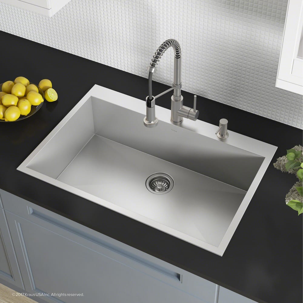 Kraus KP1TS33S2 33 Inch Zero-Radius Topmount Single Bowl Kitchen Sink with 16  Gauge Stainless Steel, NoiseDefend™ Technology and Durable and  Dent-Resistant: Two Pre-Drilled Holes