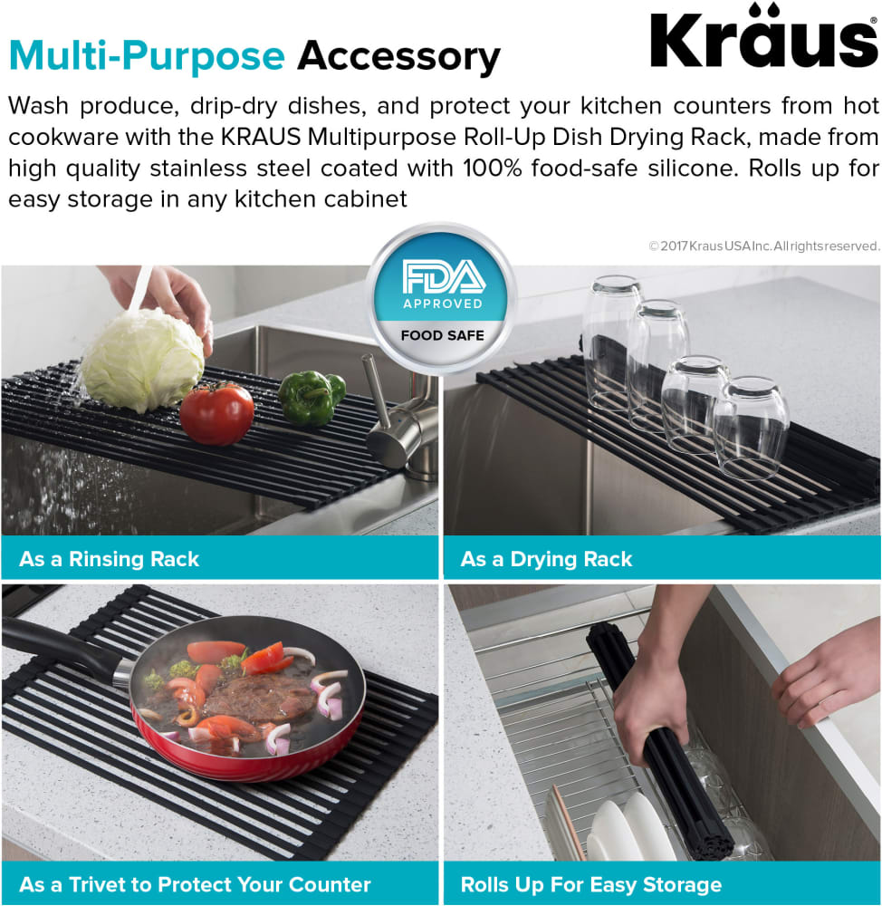 Kraus KRM-10BLACK Multipurpose Over Sink Roll-Up Dish Drying Rack, Black
