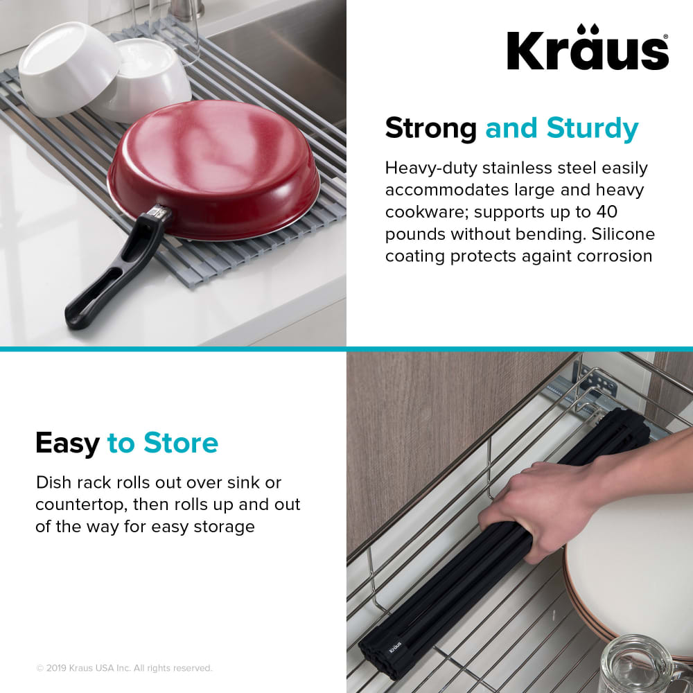 KRAUS Multipurpose Over-Sink Roll-Up Dish Drying Rack, Colander and Trivet  in Black, KRM-10BLACK