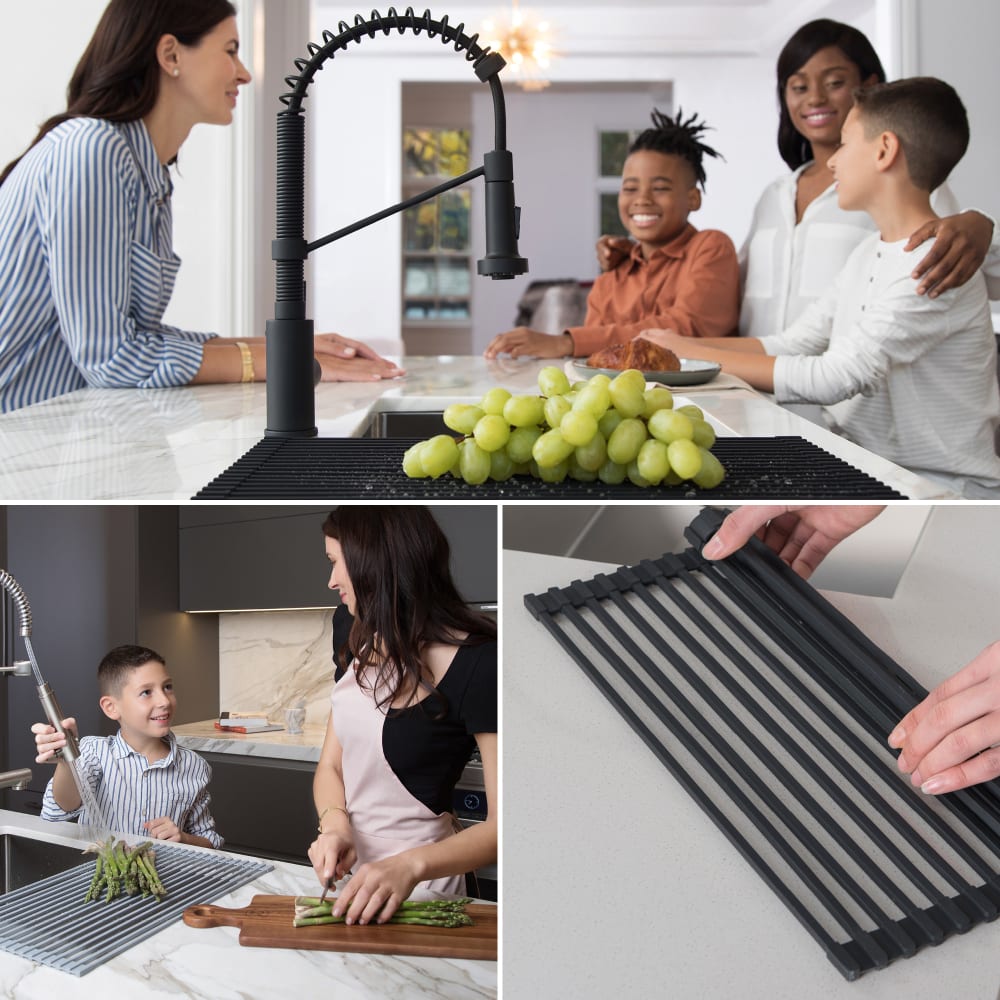 Kraus KRM10BLACK Black Multipurpose Over Sink Roll-Up Dish Drying Rack with  Silicone-Coated Stainless Steel, Rust-Resistant and Non-Slip, Food Safe  Silicone Coating, Heat Resistant up to 400°F, Easy to Store and Easy to