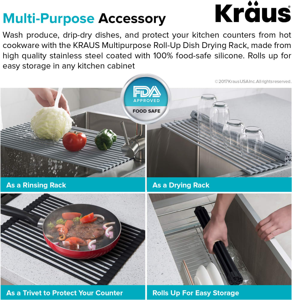 Kraus KRM-10 GREY Silicone-Coated Stainless Steel Over The Sink  Multipurpose Roll-Up Dish Drying Rack, Grey