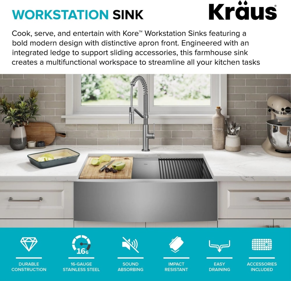 Kraus KWF21033 Kore™ 33 Inch Farmhouse Workstation Single Bowl