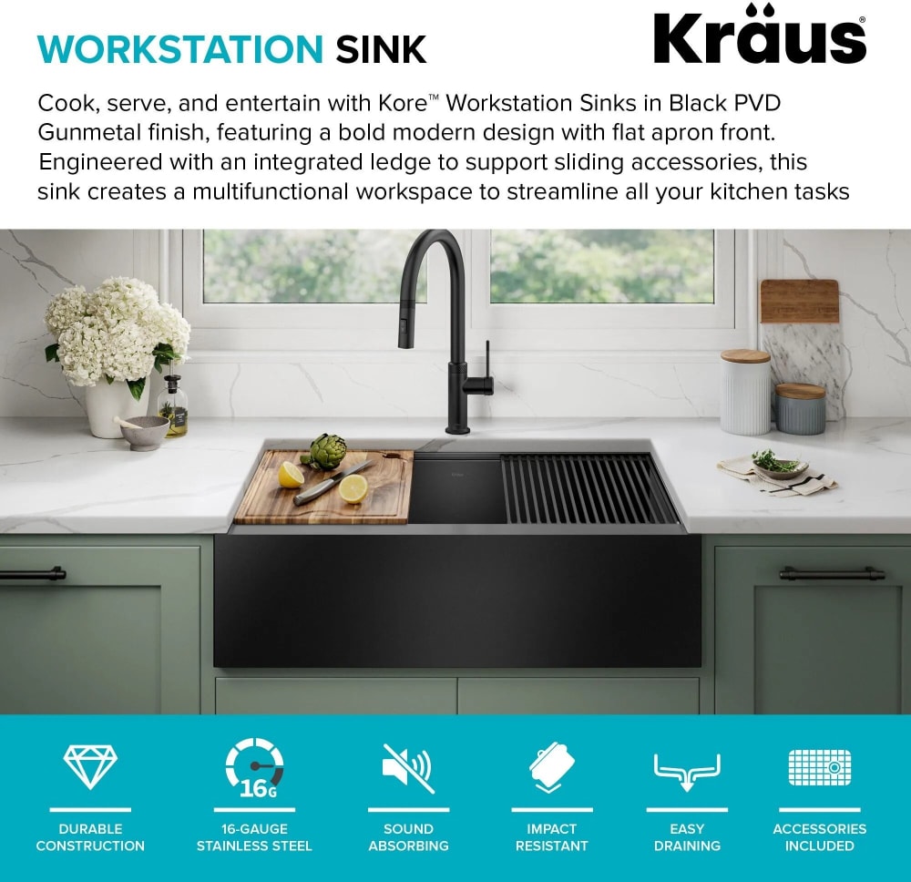 Kraus KWF41033PGM 33 Inch Apron Front Kore™ Workstation Farmhouse
