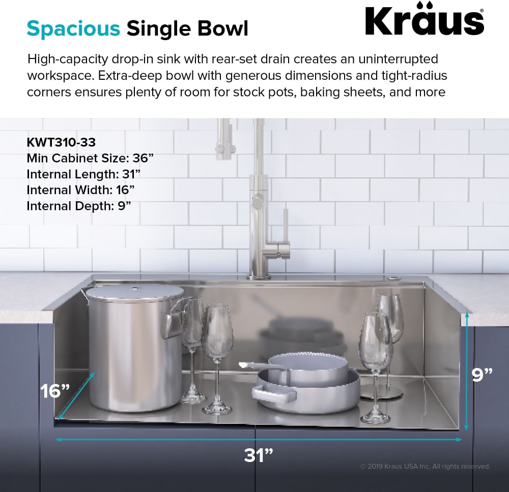 Kraus KWT31033 Kore™ Workstation 33 Inch DropInUndermount Single Bowl