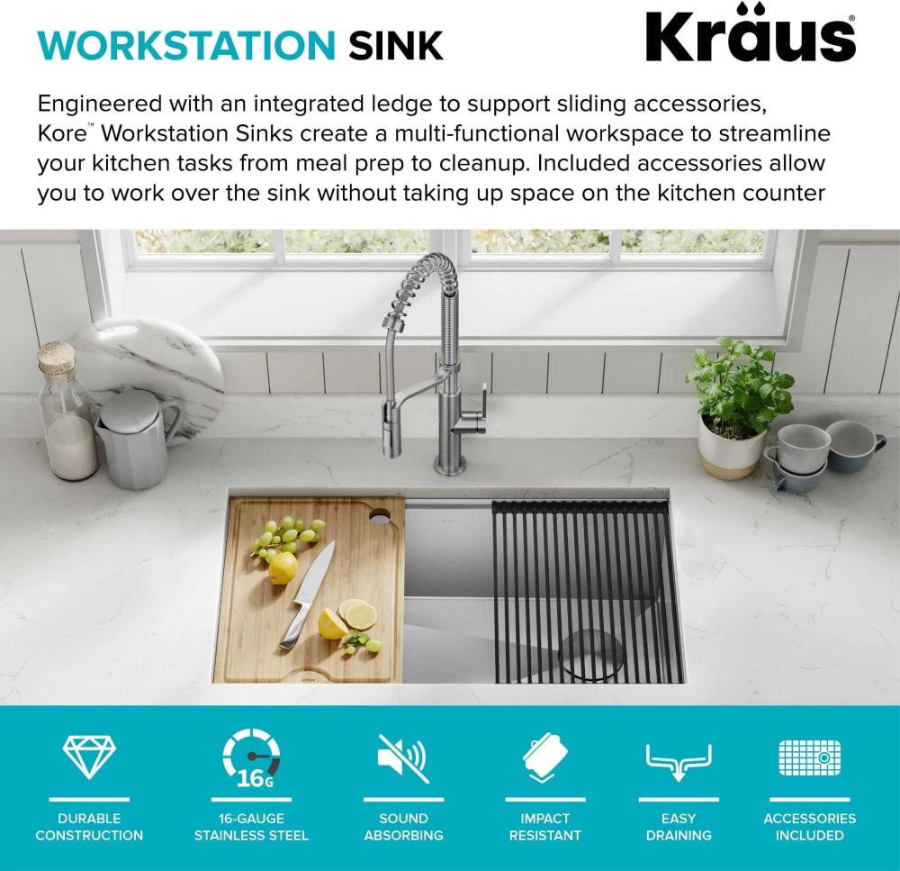 KRAUS Kore™ 36 L Undermount Workstation 16 Gauge Stainless Steel Single  Bowl Kitchen Sink with Accessories & Reviews