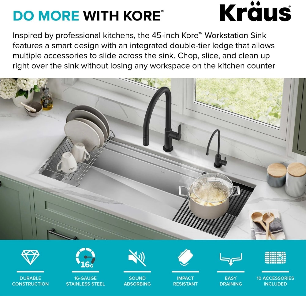 Kraus KWU12045 45 Inch Kore™ 2-Tier Workstation Kitchen Sink with 10-Piece  Chef's Kit, 16 Gauge Steel, Undermount Installation, Rear Off-Set Drain  Opening, and Rust Resistant Finish