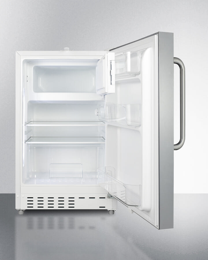 Summit ALRF48CSS 20 Inch Built-In Refrigerator-Freezer with 2.68 Cu. Ft. Capacity, Freezer Compartment, Adjustable Shelves, Door Shelves, Crisper Drawer, Adjustable Thermostat, Factory Installed Lock, and ADA Compliant: Stainless Steel Cabinet