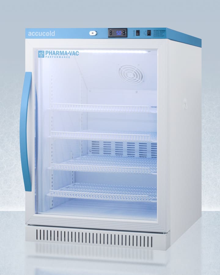 AccuCold ARG6PV 23 Inch Pharma-Vac Vaccine Refrigerator with 6.0 Cu. Ft. Capacity, Microprocessor Digital Temperature Control, Audio/Visual Temperature Alarm, Temperature Probe, Automatic Defrost, Tempered Glass Door, Installed Lock, and ADA Compliant Height