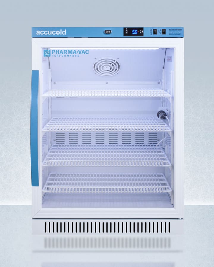 AccuCold ARG6PV 23 Inch Pharma-Vac Vaccine Refrigerator with 6.0 Cu. Ft. Capacity, Microprocessor Digital Temperature Control, Audio/Visual Temperature Alarm, Temperature Probe, Automatic Defrost, Tempered Glass Door, Installed Lock, and ADA Compliant Height
