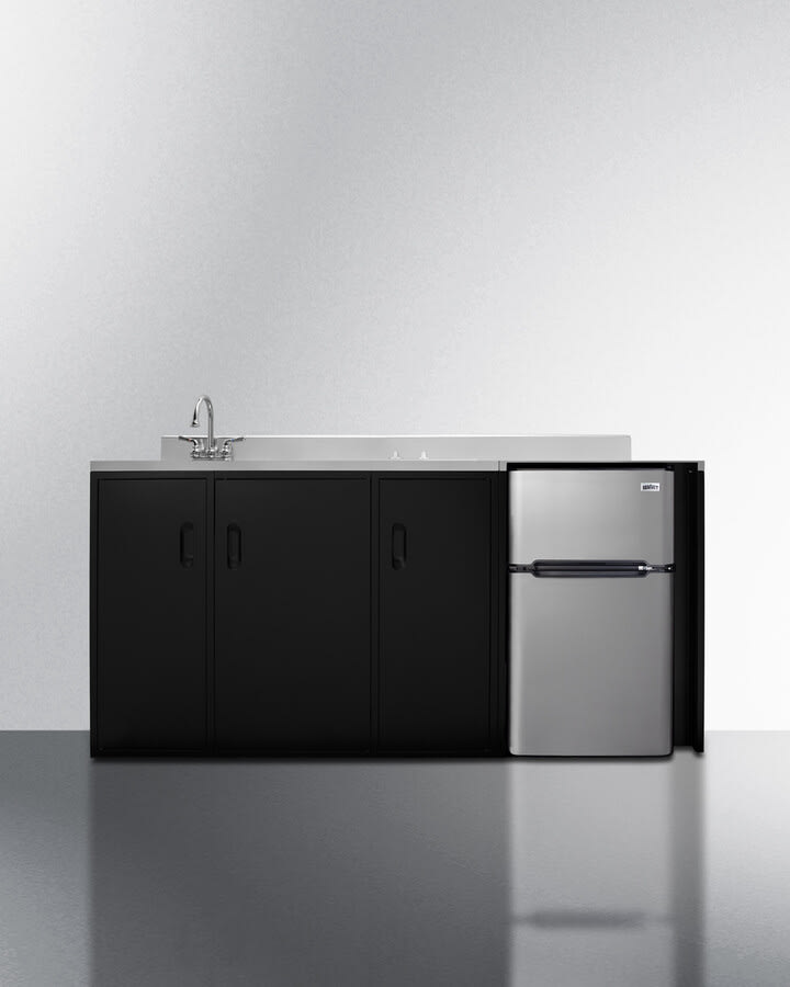 Summit Ck72adasinkl 72 Inch All In One Kitchenette With 2 Door Refrigerator Freezer 2 Burner Smooth Top Cooktop Storage Compartments Sink Faucet Stainless Steel Countertop And Ada Compliant Height