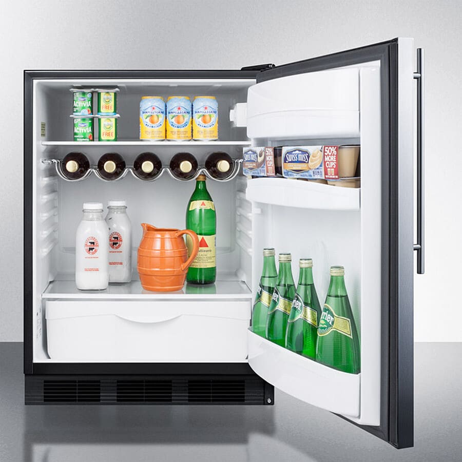 Summit FF63BKBISSHV 24 Inch All-Refrigerator with 5.5 cu. ft. Capacity, 3 Adjustable Glass Shelves, Crisper Drawer, 3 Door Bins, 5-Bottle Wine Rack, Interior Lighting, Adjustable Thermostat, and 100% CFC Free