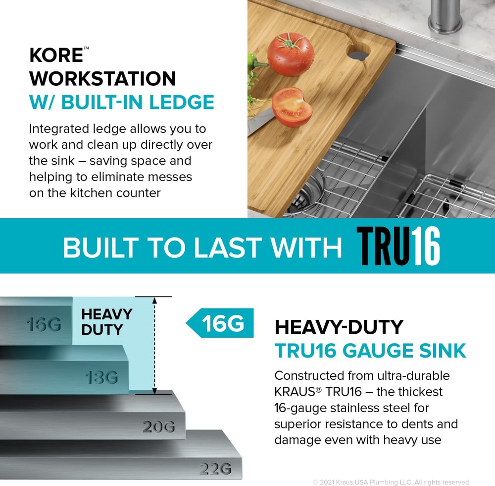 Kraus KWU11230 30 Inch Kore™ Undermount Workstation Double Bowl Kitchen Sink  with Sink Kit, TRU16 Gauge Stainless Steel, Built-In Ledge, Off-Set Drain,  Rust-Resistant Finish, Spot-Free, and NoiseDefend™ Technology