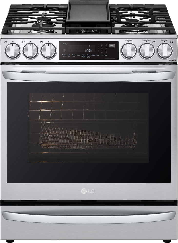 LG LSGL6337F 30 Inch Smart Instaview™ Gas Slide-In Range with 5 Sealed Burners, 6.3 cu. ft. Oven Capacity, ProBake Convection® with Air Fry, Air Sous Vide, Storage Drawer, EasyClean®+Self Clean, Wi-Fi, SmartDiagnosis™, and UltraHeat™ Power Burner: PrintProof™ Stainless Steel