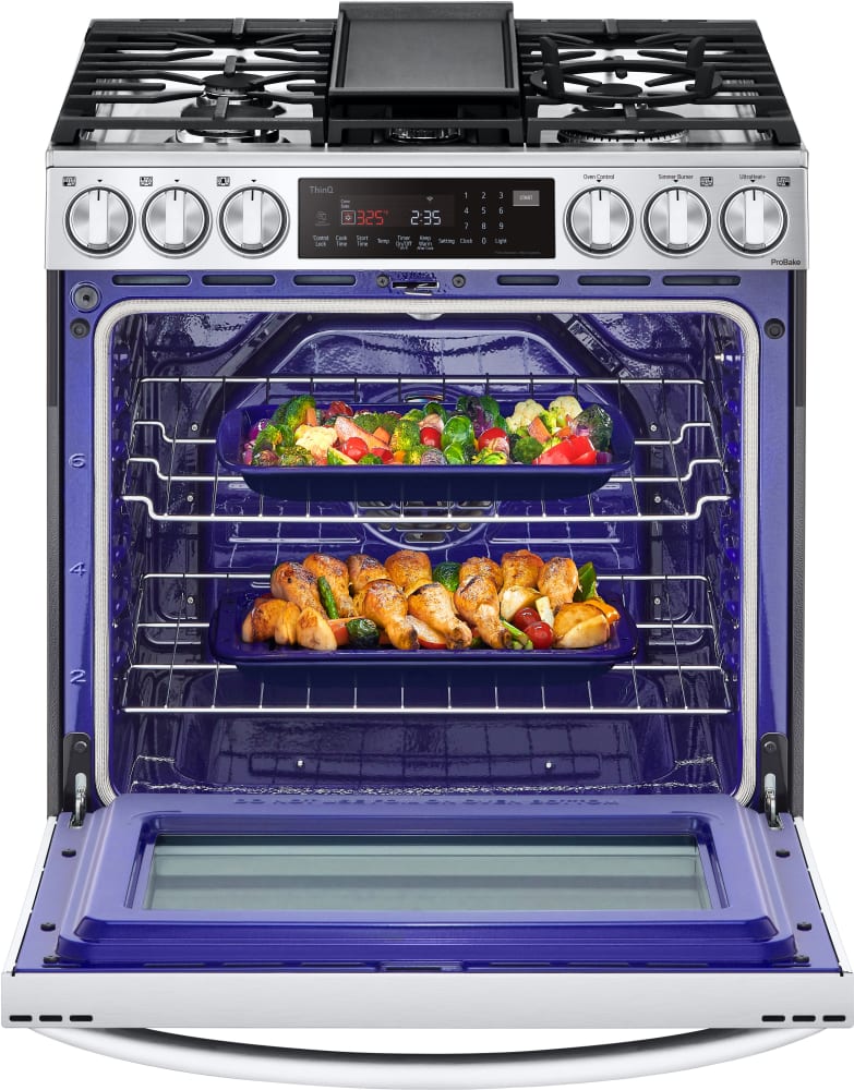 LG LSGL6337F 30 Inch Smart Instaview™ Gas Slide-In Range with 5 Sealed Burners, 6.3 cu. ft. Oven Capacity, ProBake Convection® with Air Fry, Air Sous Vide, Storage Drawer, EasyClean®+Self Clean, Wi-Fi, SmartDiagnosis™, and UltraHeat™ Power Burner: PrintProof™ Stainless Steel