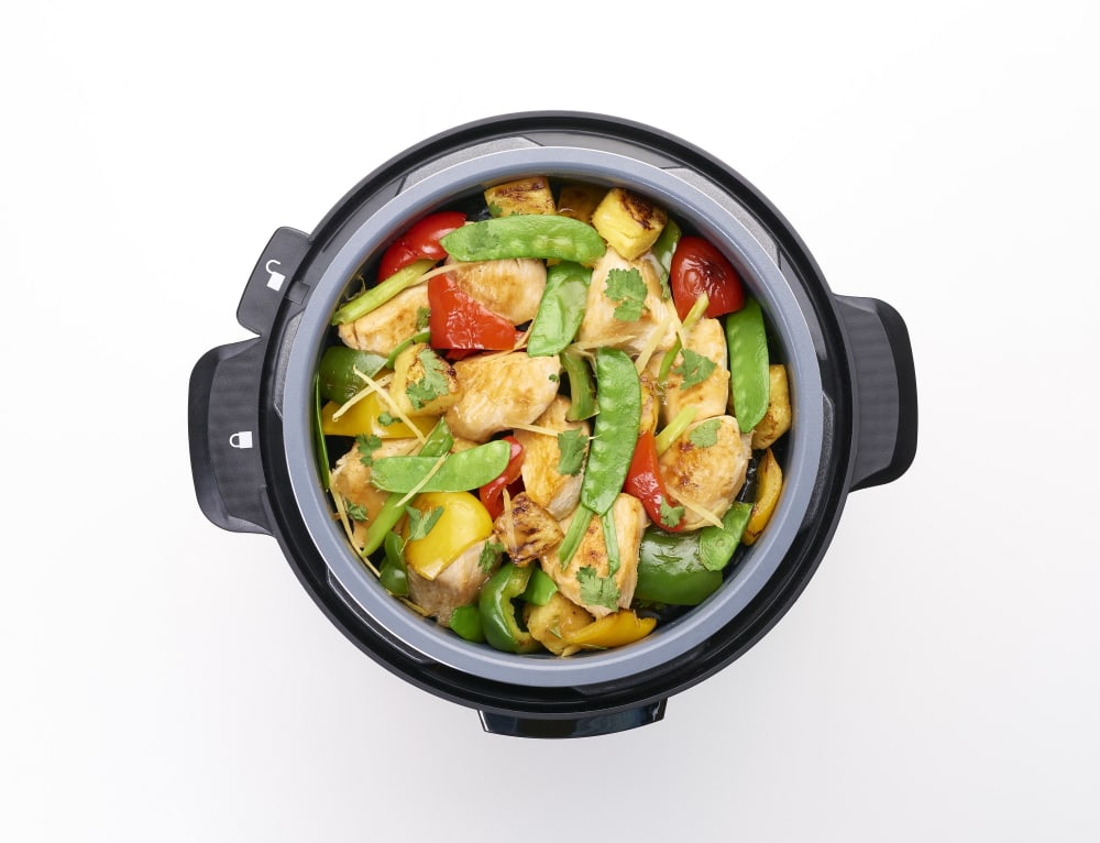 Fagor 935010055 Champagne Lux 8 Quart Multicooker with 10 Presets Self Lock Lid LED Display Automatic Pressure Release Keep Warm and Ceramic Inner Pot