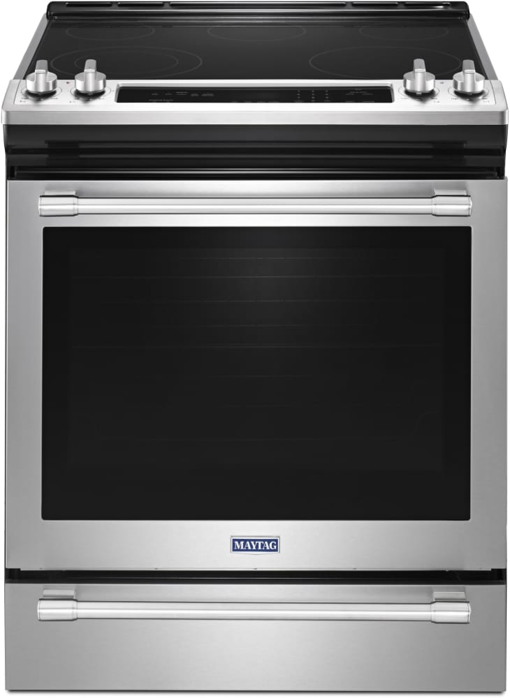 Maytag MES8800FZ 30 Inch Slide-In Electric Range with 5 Radiant Elements, 6.4 cu. ft. Oven Capacity, Warming Drawer, True Convection with Third Element, Precision Cooking™ System, AquaLift® Self Clean, FIT System, Power™ Element, Dual-Choice™ Element, and ADA Compliant